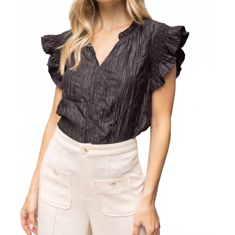 NEW VOY smocked ruffle sleeve crinkle textured top in black